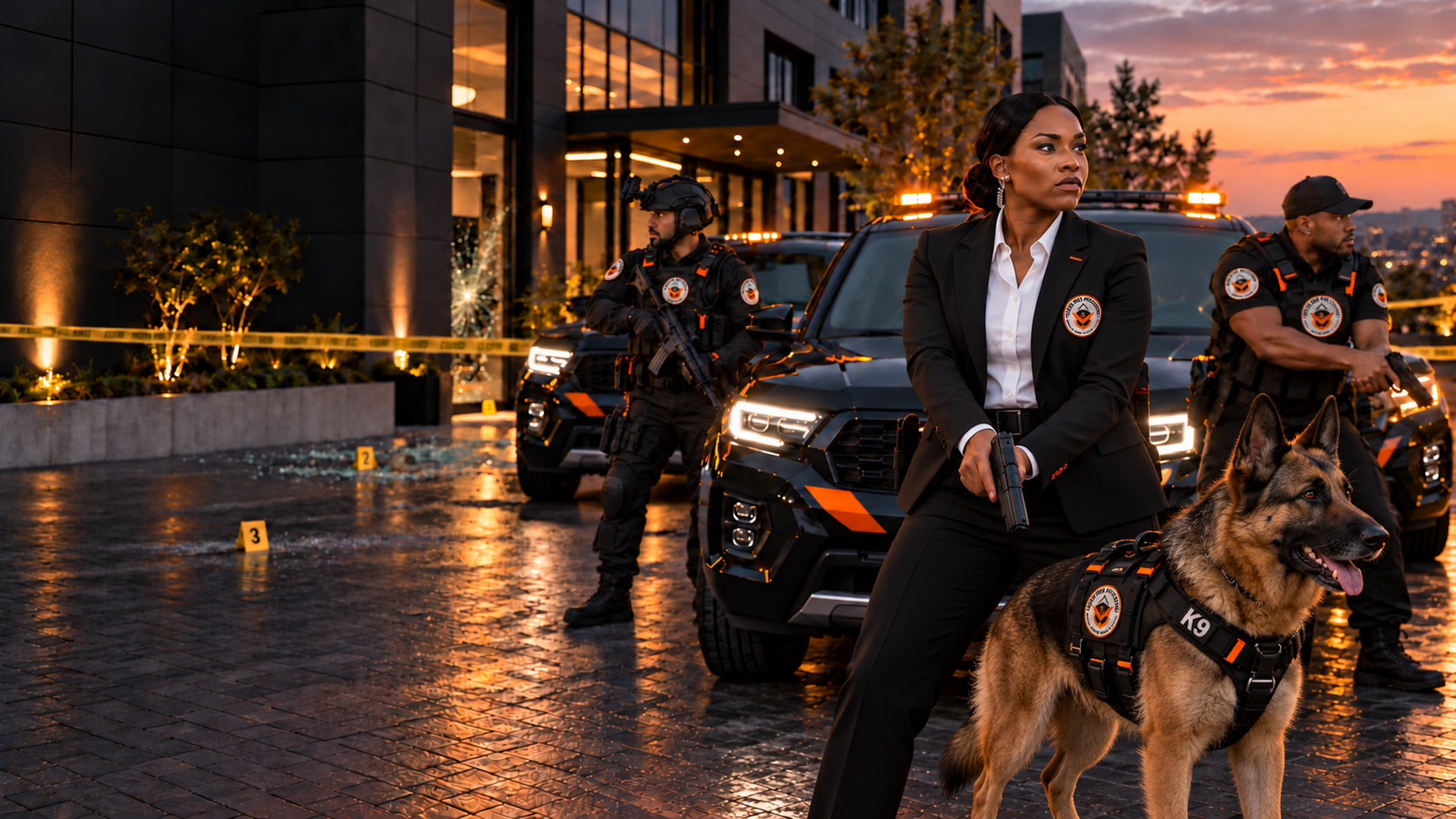 Illustrative crime scene with security personnel wearing Black Dot Protection logo patches, patrol vehicles and a K9 dog